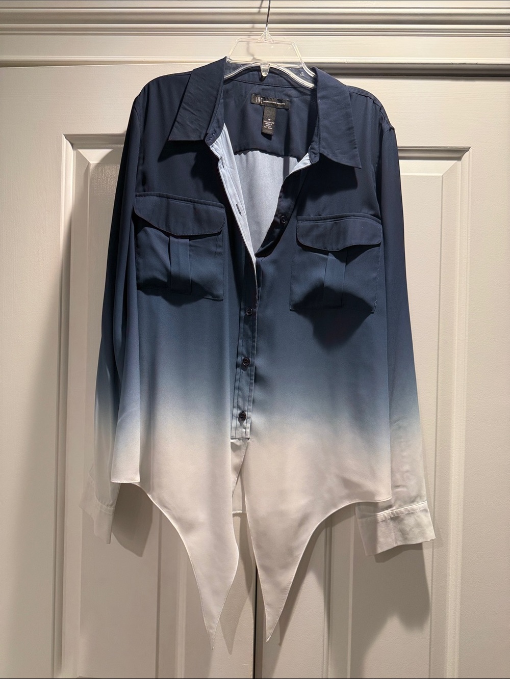 INC International Concepts Navy to White Ombre Tie Front Blouse